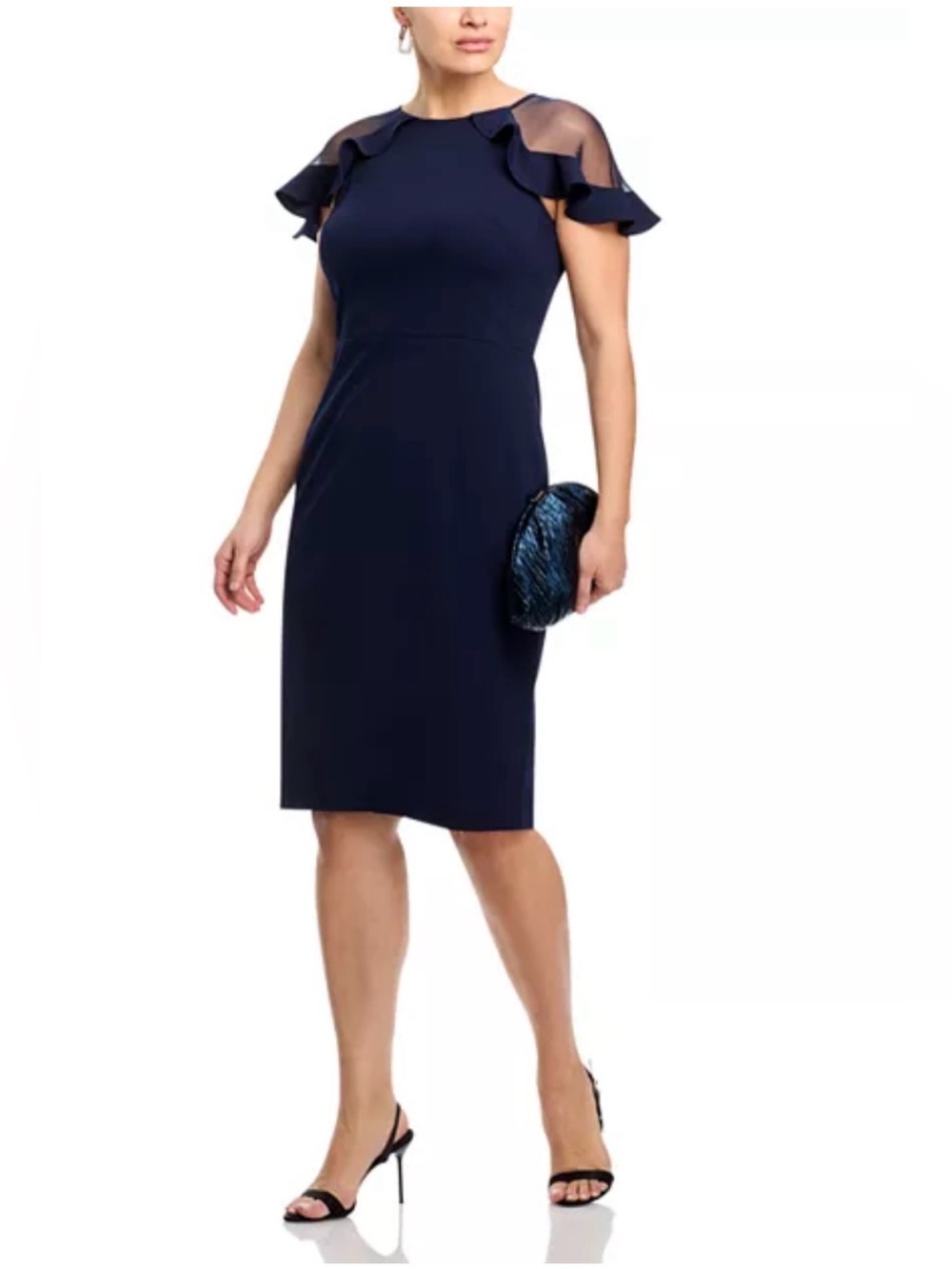 Eliza J Navy Sheer Ruffle‑Sleeve Sheath Dress – Size 16
